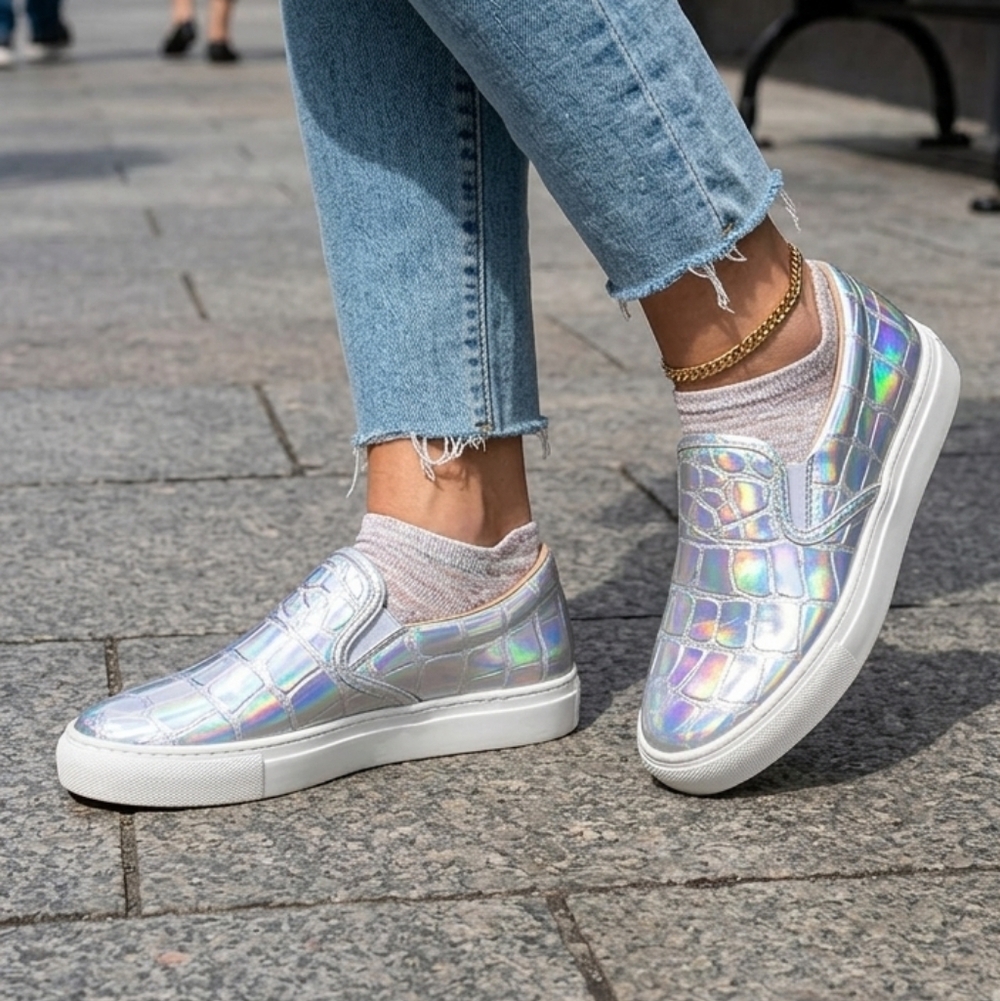 Cool Holographic Croc Embossed Slip On Shoes EUC 👍